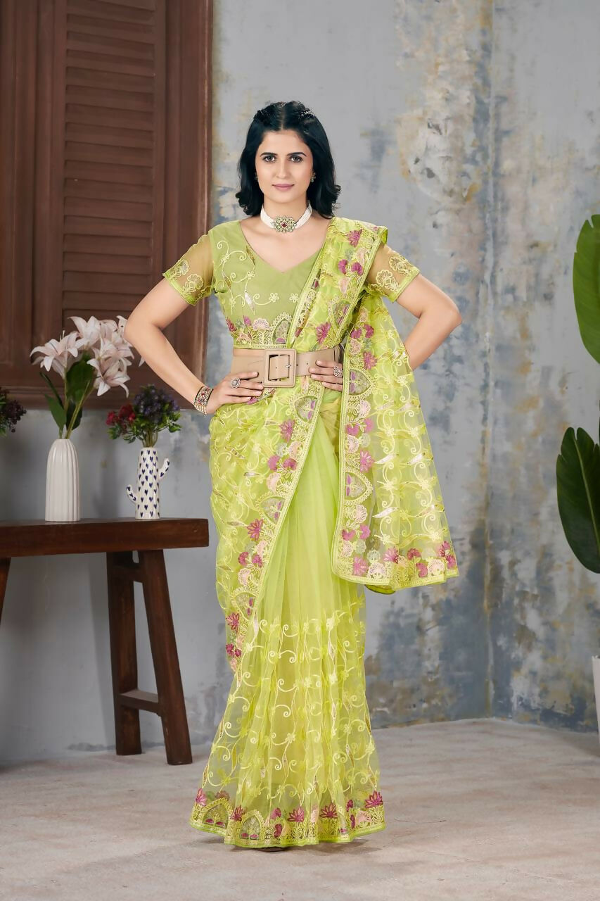 Vastranavya Soft Crush Georgette With Embroidery and Foil Multi Thread Work Saree - Light olive