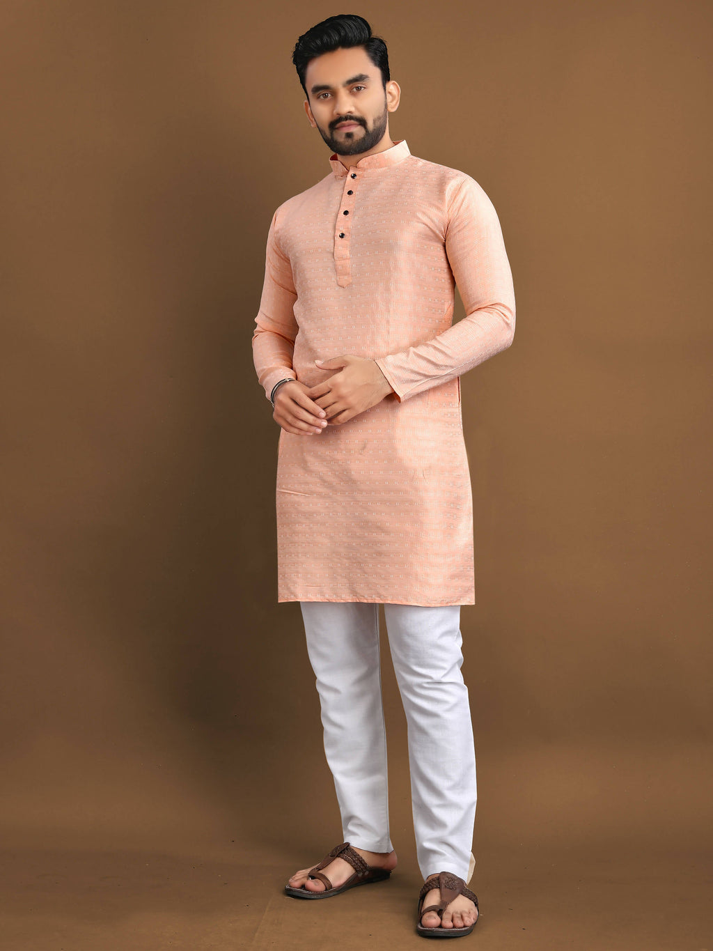 Full Stitched Kurta Pajama Set for Men by Infinity Export - Orange-Peach