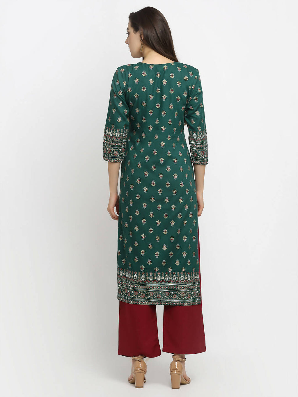 Rudra Bazaar Green Printed Yoke Designed Straight Kurta with Maroon Pyjamas