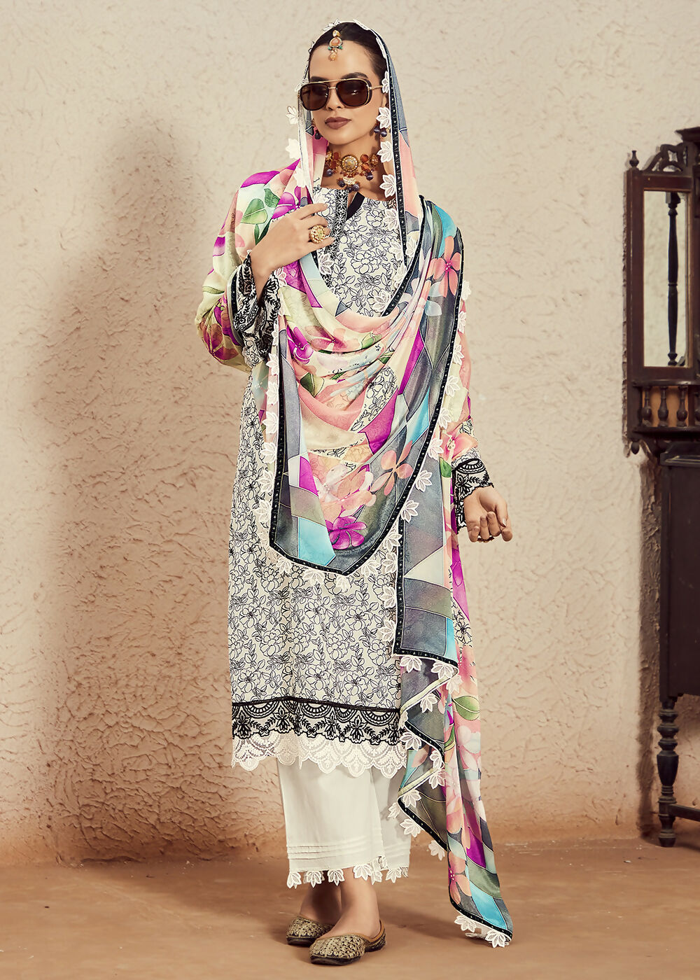 Muslin Cotton Digital Print & Embroidered Off White Salwar Suit - Emponline