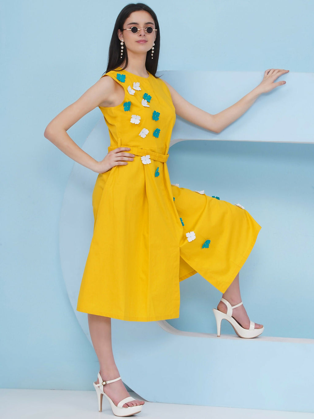 Joban Fashion Yellow Dress with 3D Flower Embroidery and Belt