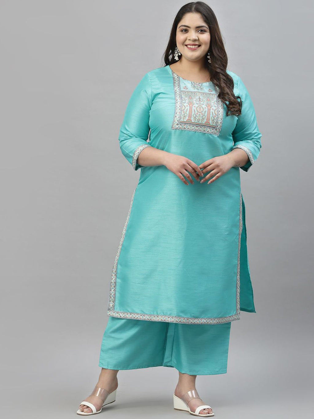 Sztori Plus Size Ethnic Motifs Yoke Design Straight Kurta With Palazzos