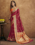 Vastranavya Maroon Soft Paithani Silk Saree With Gold Zari Weaving Motifs With Matching Blouse Fabric