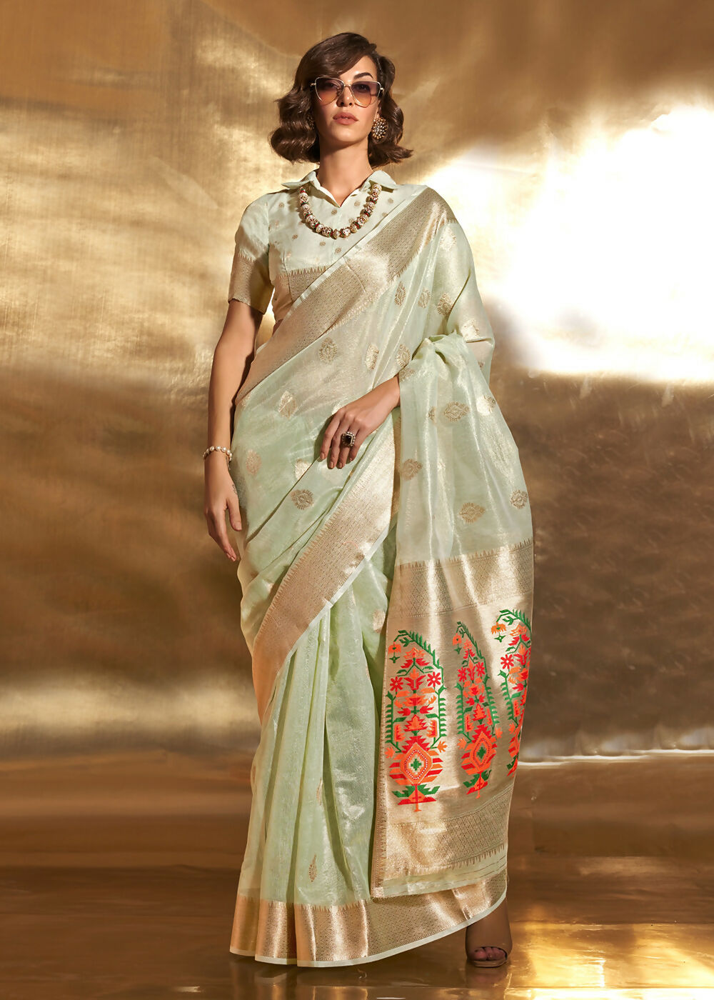 Green Handwoven Tissue Fabric Festive & Party Style Saree - Emponline