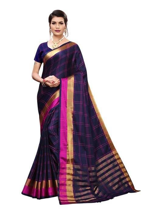 Vamika Navy Cotton Silk Weaving Saree (Rimi Checks Navy)