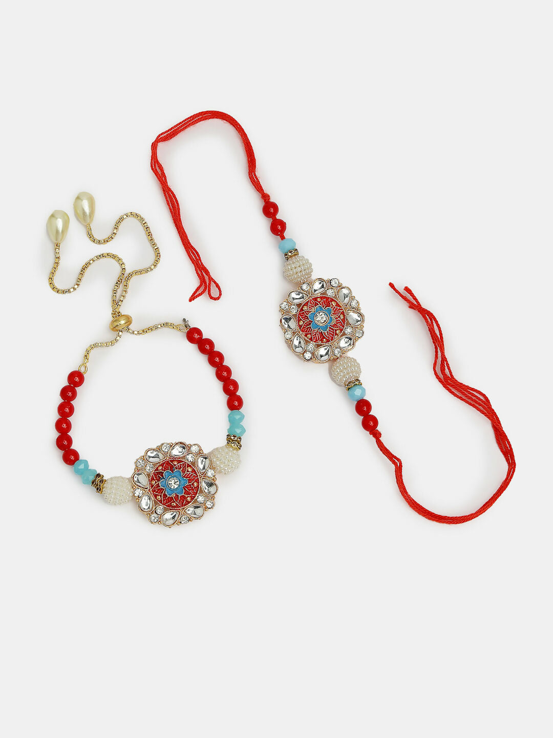 NVR Women & Men Set of 2 Red-colored Stone-Studded & Beaded Bhaiya Bhabhi Rakhi With Roli Chawal & Chocolate