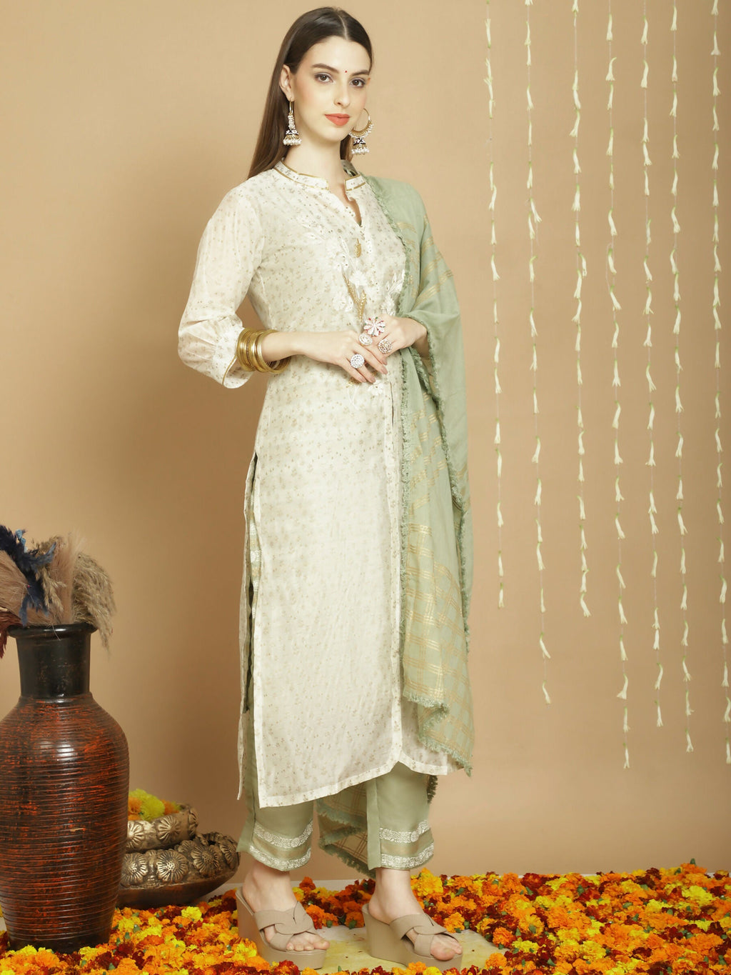 Jyoti Fashion Women's Off White Chanderi Silk Elegant Jardoshi Kurta with Trouser & Dupatta