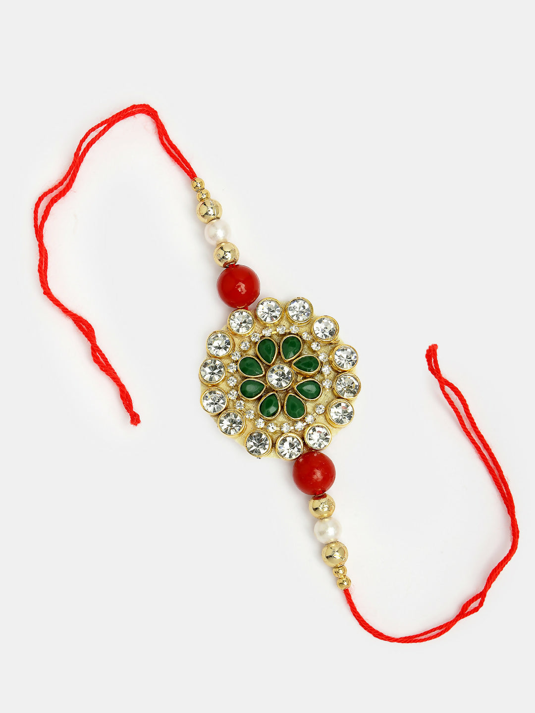 NVR Women & Men Set of 2 Red & Gold Toned Stone-Studded & Beaded Bhaiya Bhabhi Rakhi With Roli Chawal & Chocolate