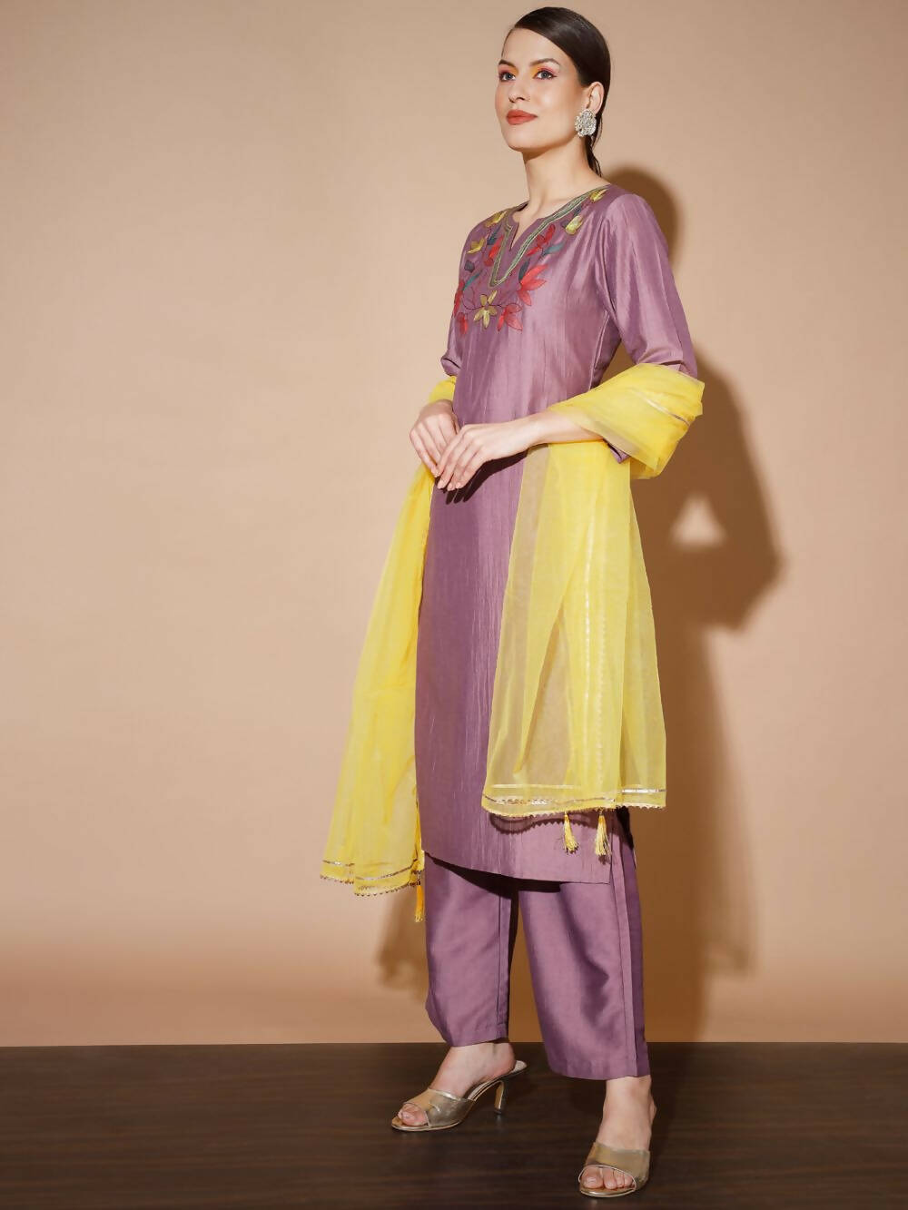 Myshka Mauve Solid Kurta & Palazzos With Dupatta