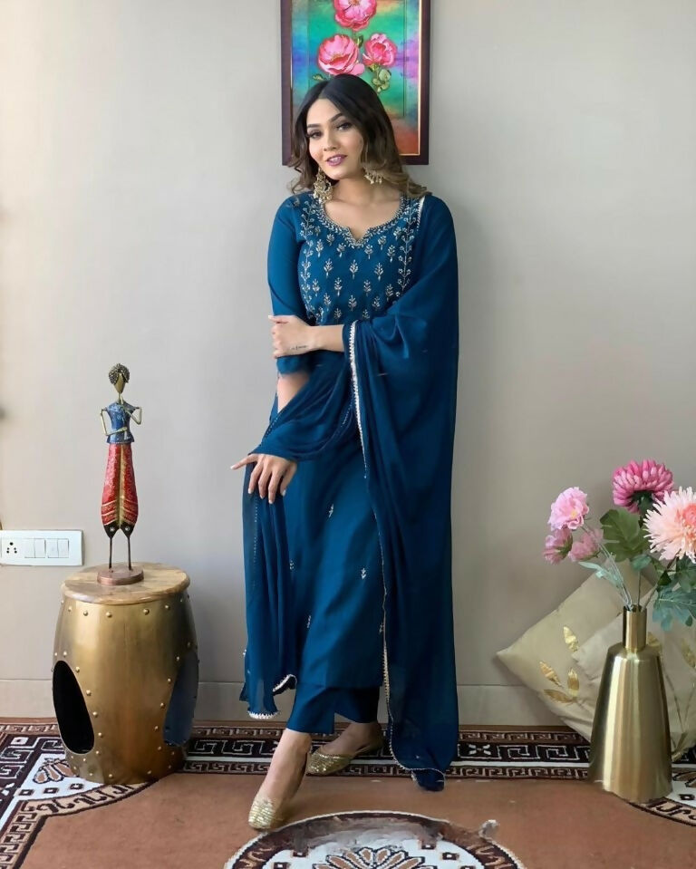 Ethnic Festive Wear Reyon Slub Rama Stitched Suit With Dupatta - Tanisha