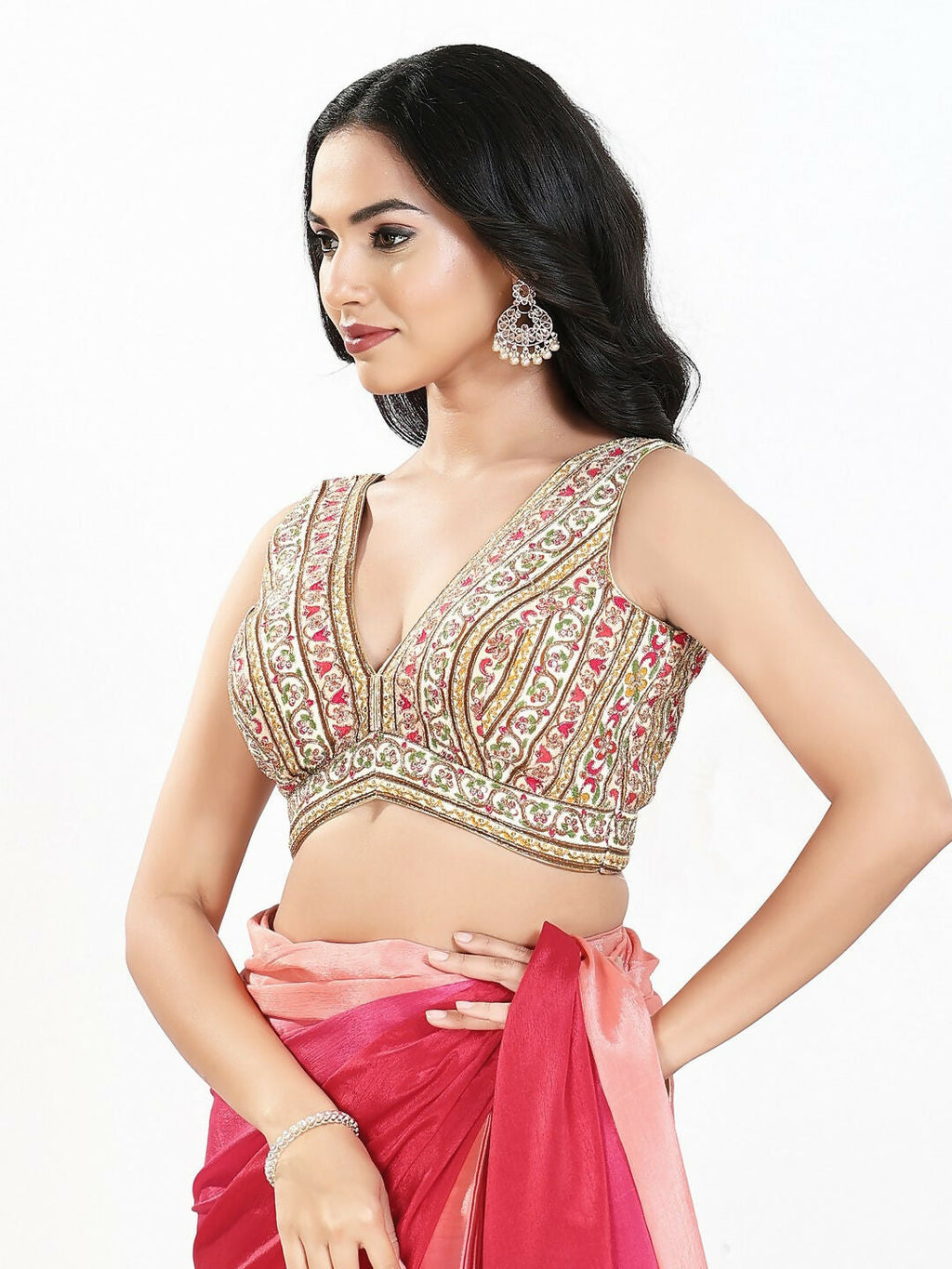 Joban Fashion Cream Multi Georgette Padded Blouse With V Neck Sleeveless