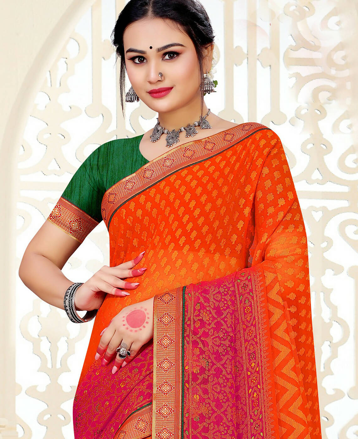 Orange & Pink Chiffon Brasso Printed Saree With Unstitched Blouse Piece - Jyoti