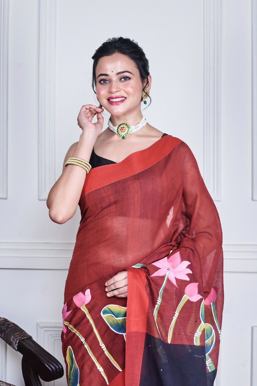 Morchari Multicolour Cotton Handloom Mirror Work Saree Unstitched Blouse