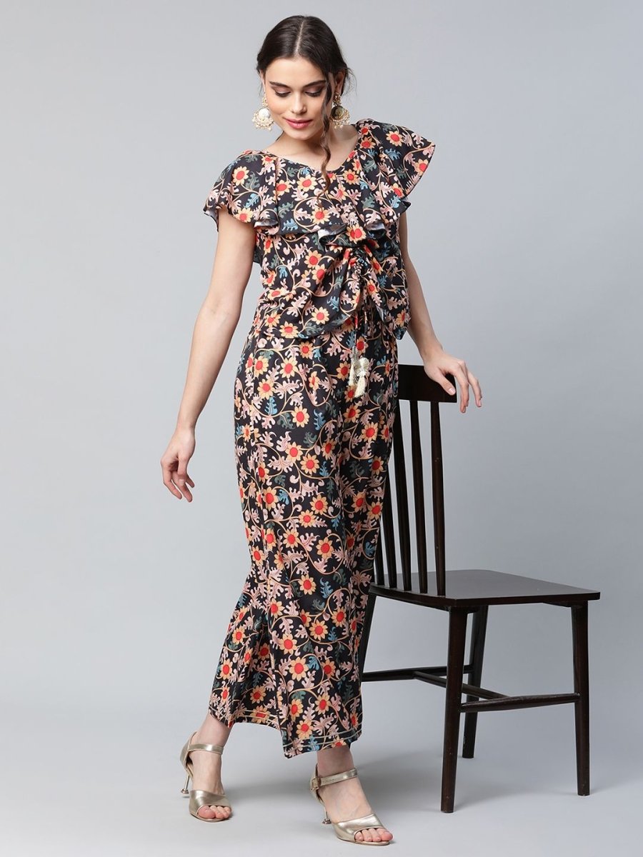 Ahalyaa Women Black Crepe Digital Print Top with Palazzo Set