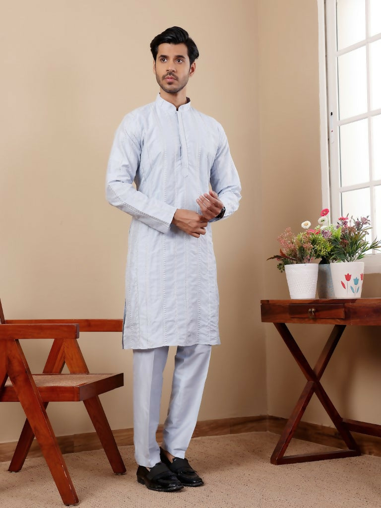 Light Blue Silk Designer Embroidery Work Men's Rajwadi Kurta Set - Mahotsav
