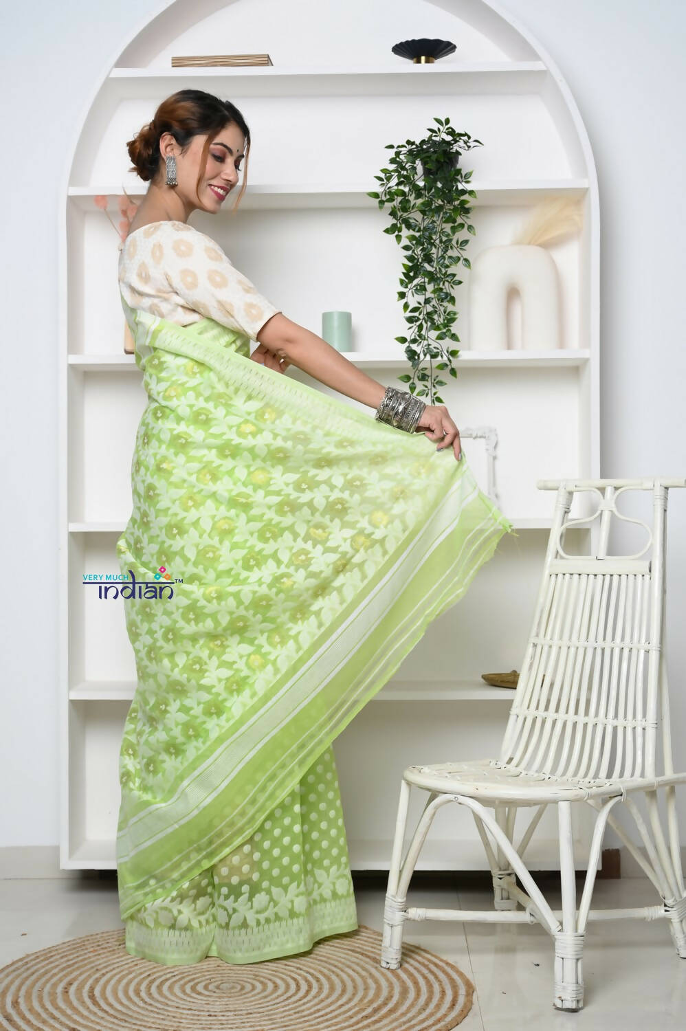 Very Much Indian Jamdhani Cotton Saree - Pista Green