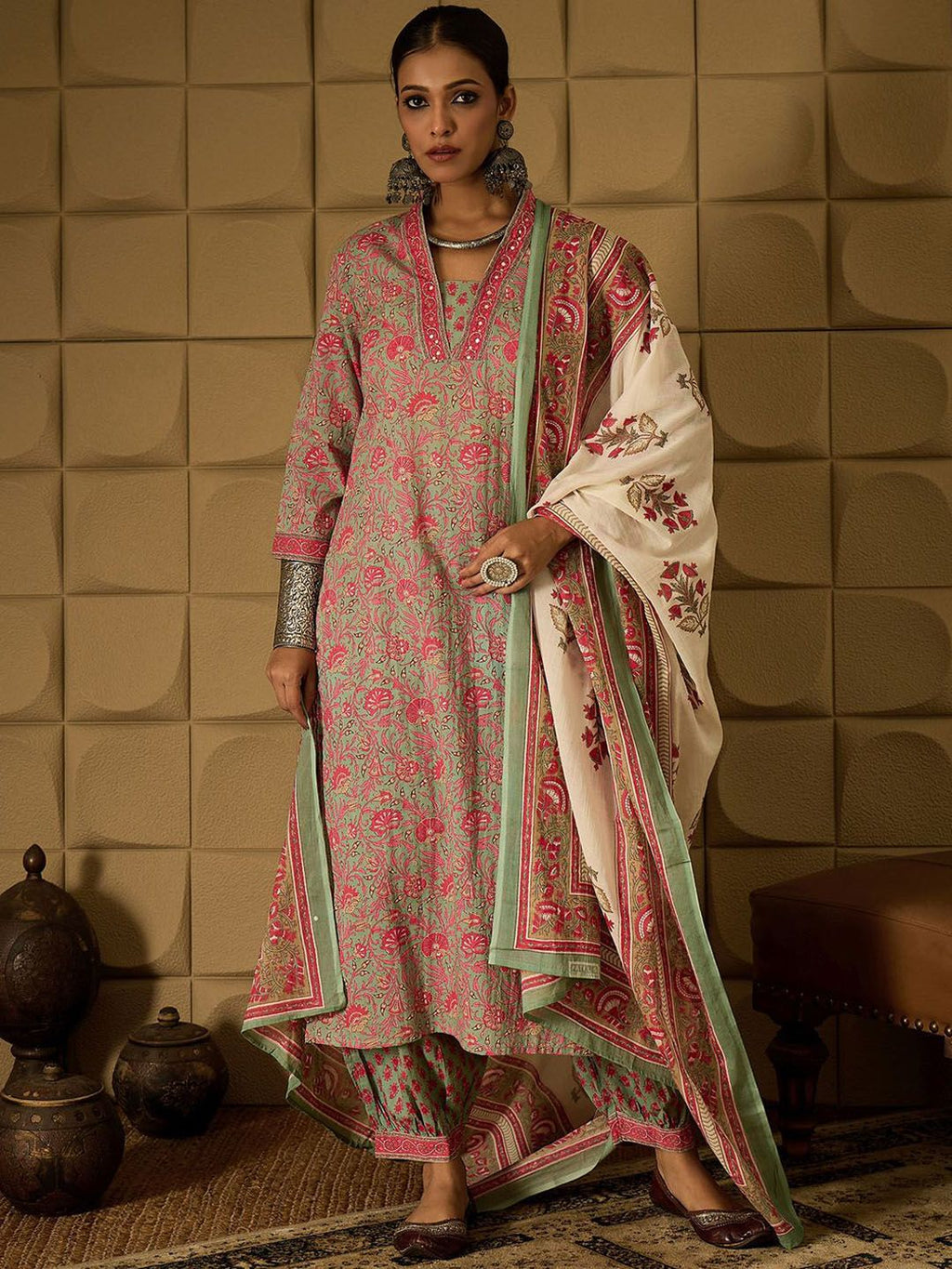 Indo Era Floral Printed Pure Cotton Straight Kurta with Salwar & Dupatta