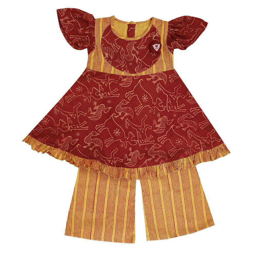 Mhyssa Gathered Sleeves Red Kurta With Full Length Yellow Palazzo Set For Kids