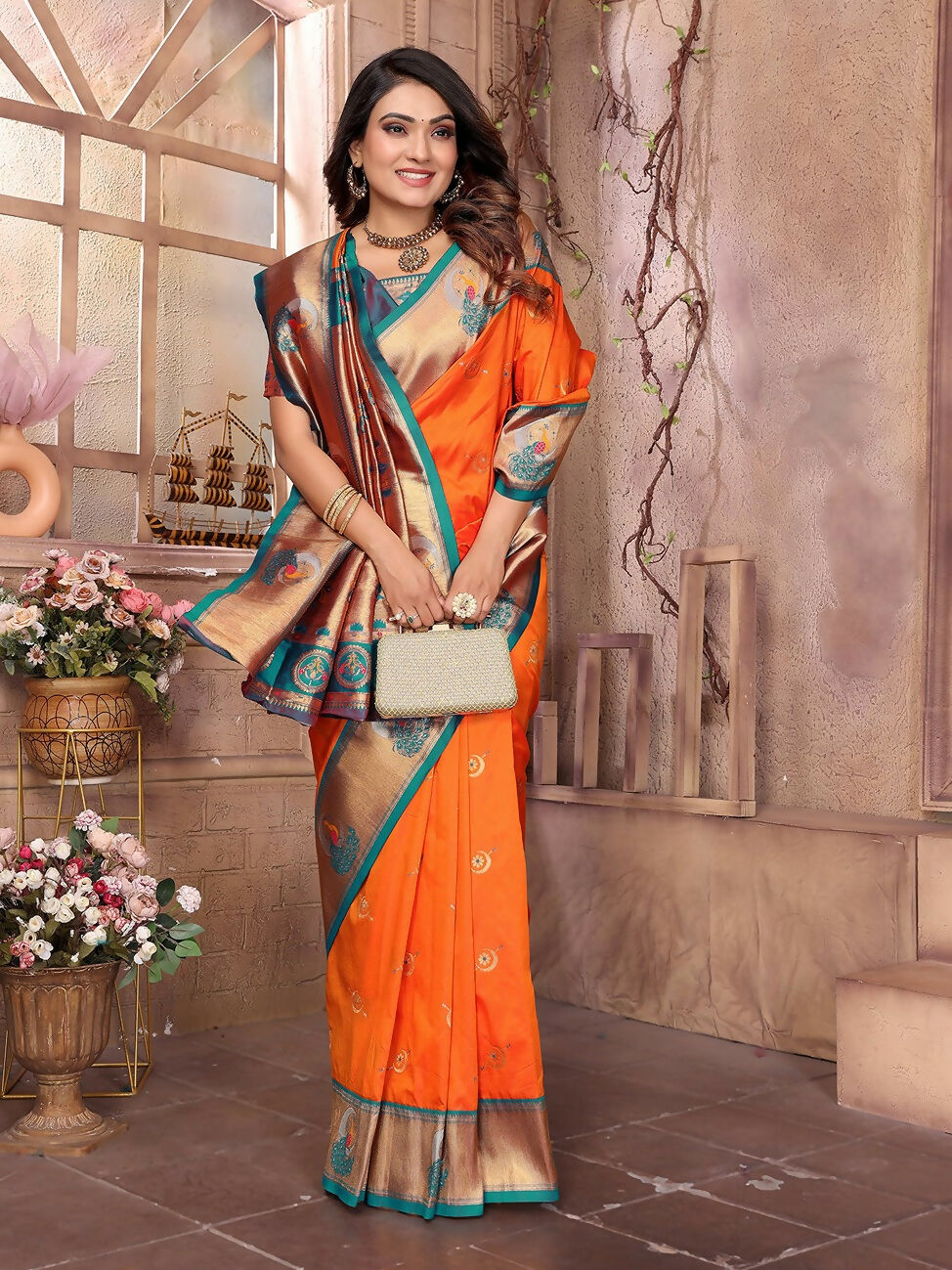 Joban Fashion Paithani Orange Woven Soft Silk Saree