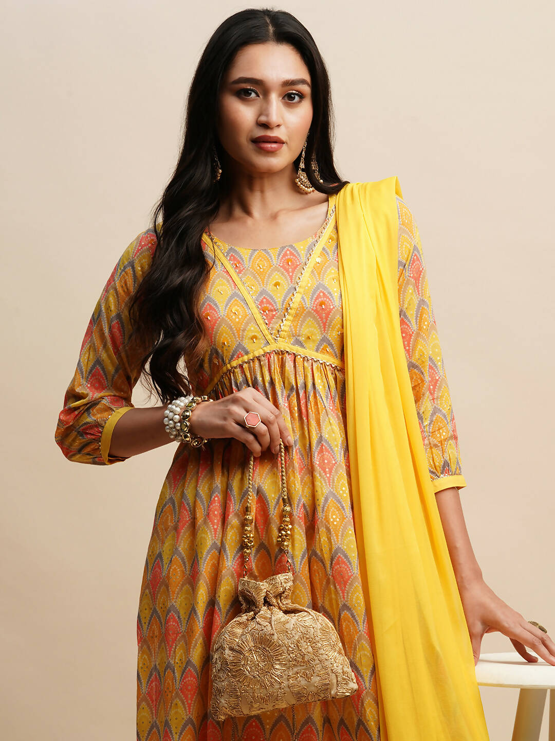 Yellow Pure Cotton Bandhani Printed Naira Cut Kurta And Bottom With Dupatta - Akashara