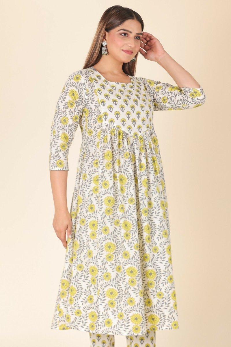 Aramya Yellow Soft Cotton Floral A-line Kurta for Women