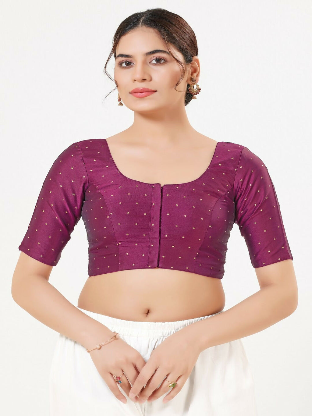 Joban Fashion Plum Taffeta Silk Elbow Sleeveless Front Open Blouse
