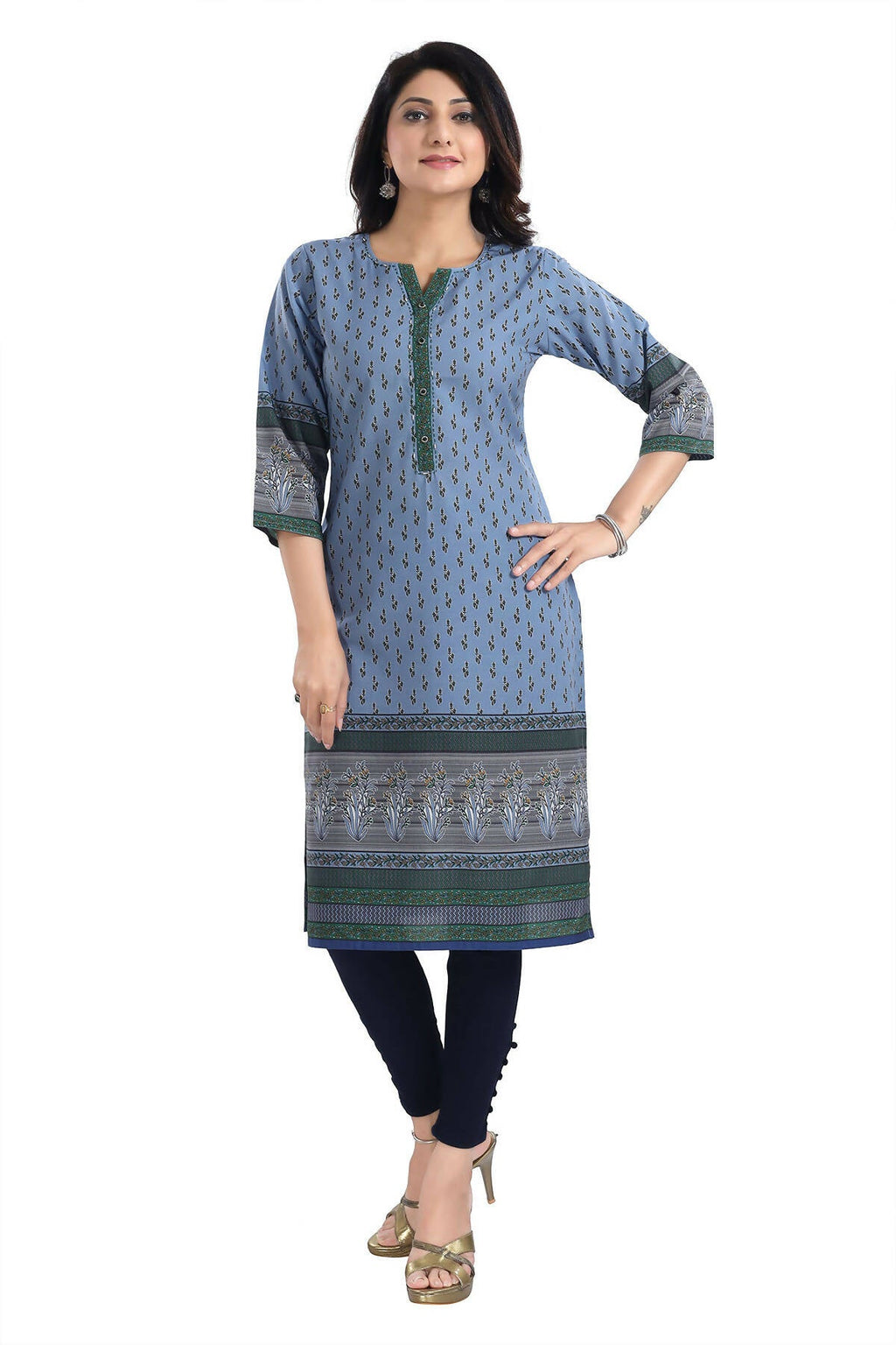 Snehal Creations Aesthetic Blue Digital Print Cotton Slub Long Kurti Tunic