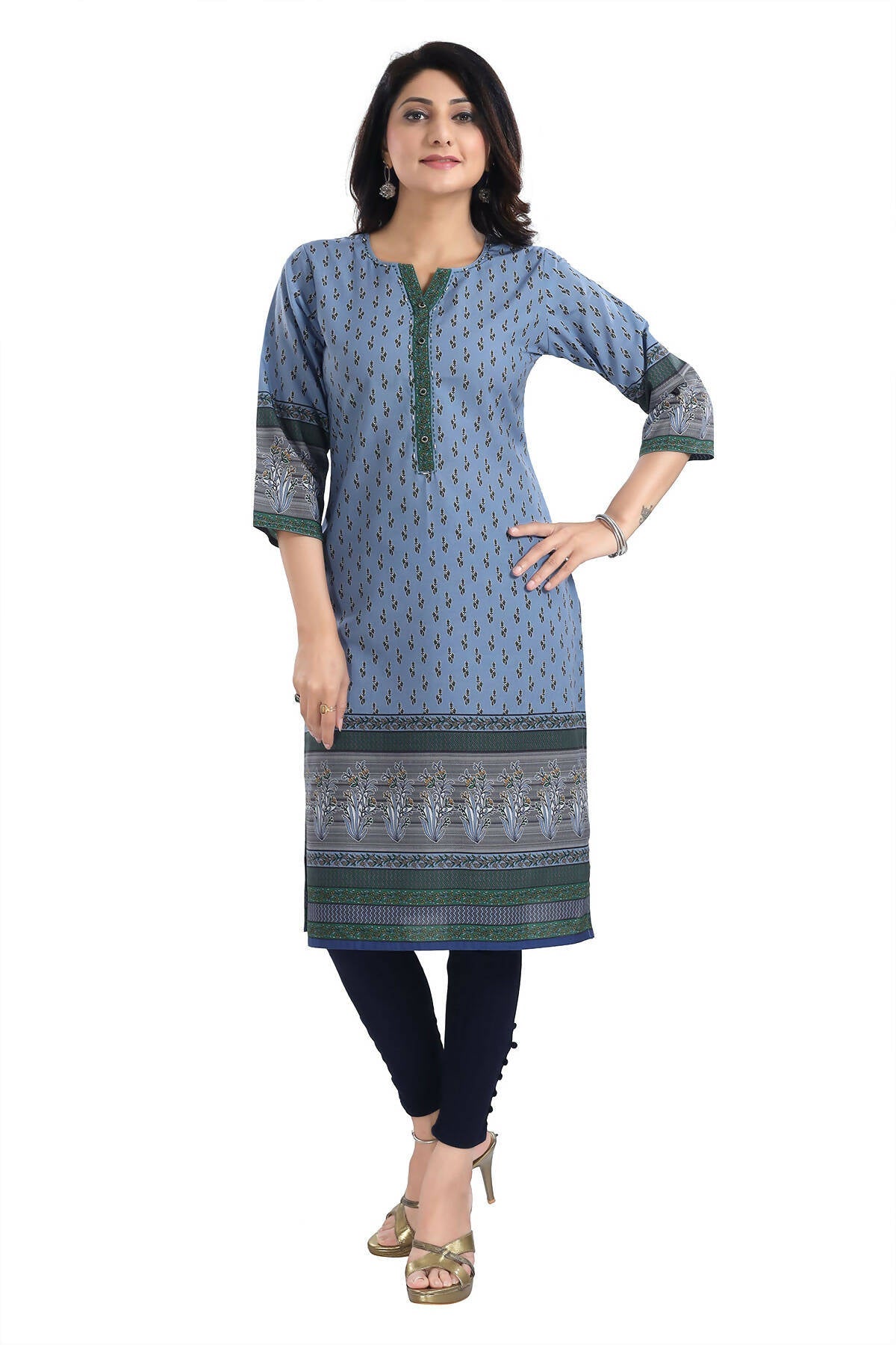 Snehal Creations Aesthetic Blue Digital Print Cotton Slub Long Kurti Tunic