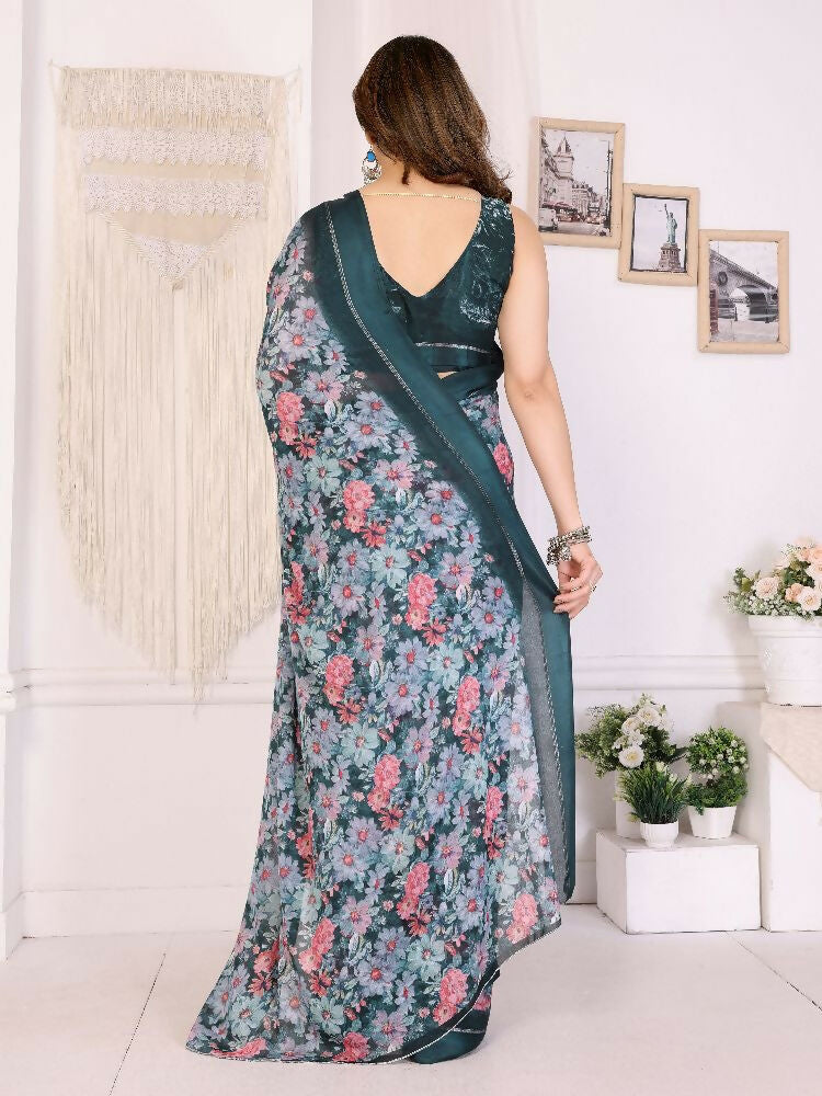 PR Fashion Morpich Bright Moss Satin Patta Printed Saree