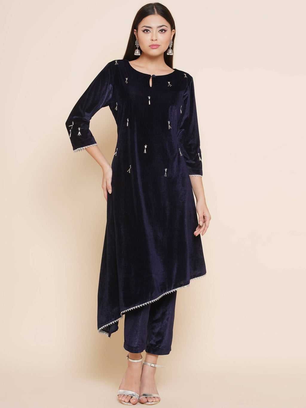 Women Republic Navy Blue Velvet Assymetrical Hand Embellished Kurta With Pants