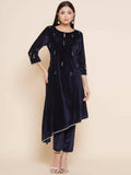 Women Republic Navy Blue Velvet Assymetrical Hand Embellished Kurta With Pants