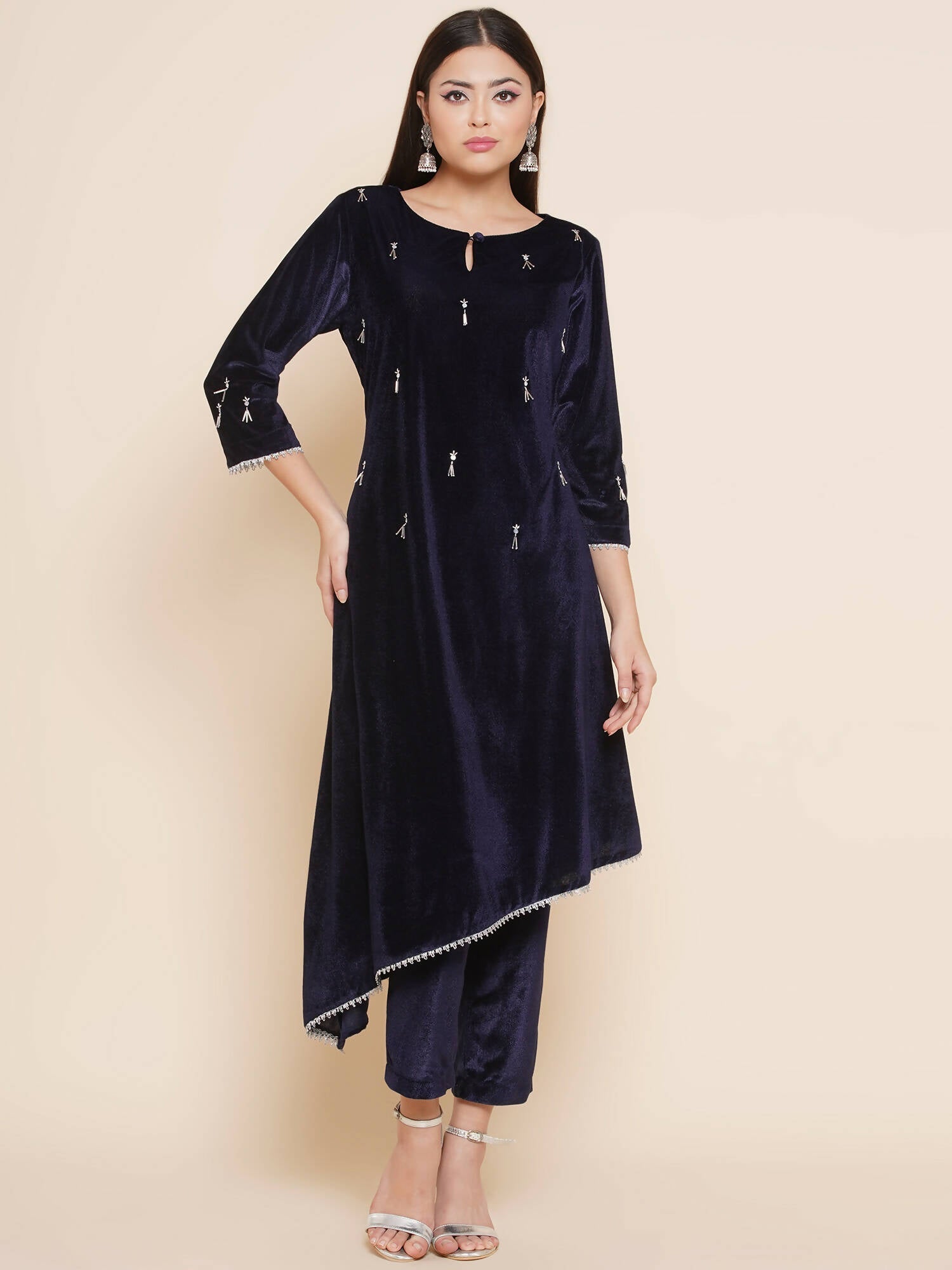 Women Republic Navy Blue Velvet Assymetrical Hand Embellished Kurta With Pants