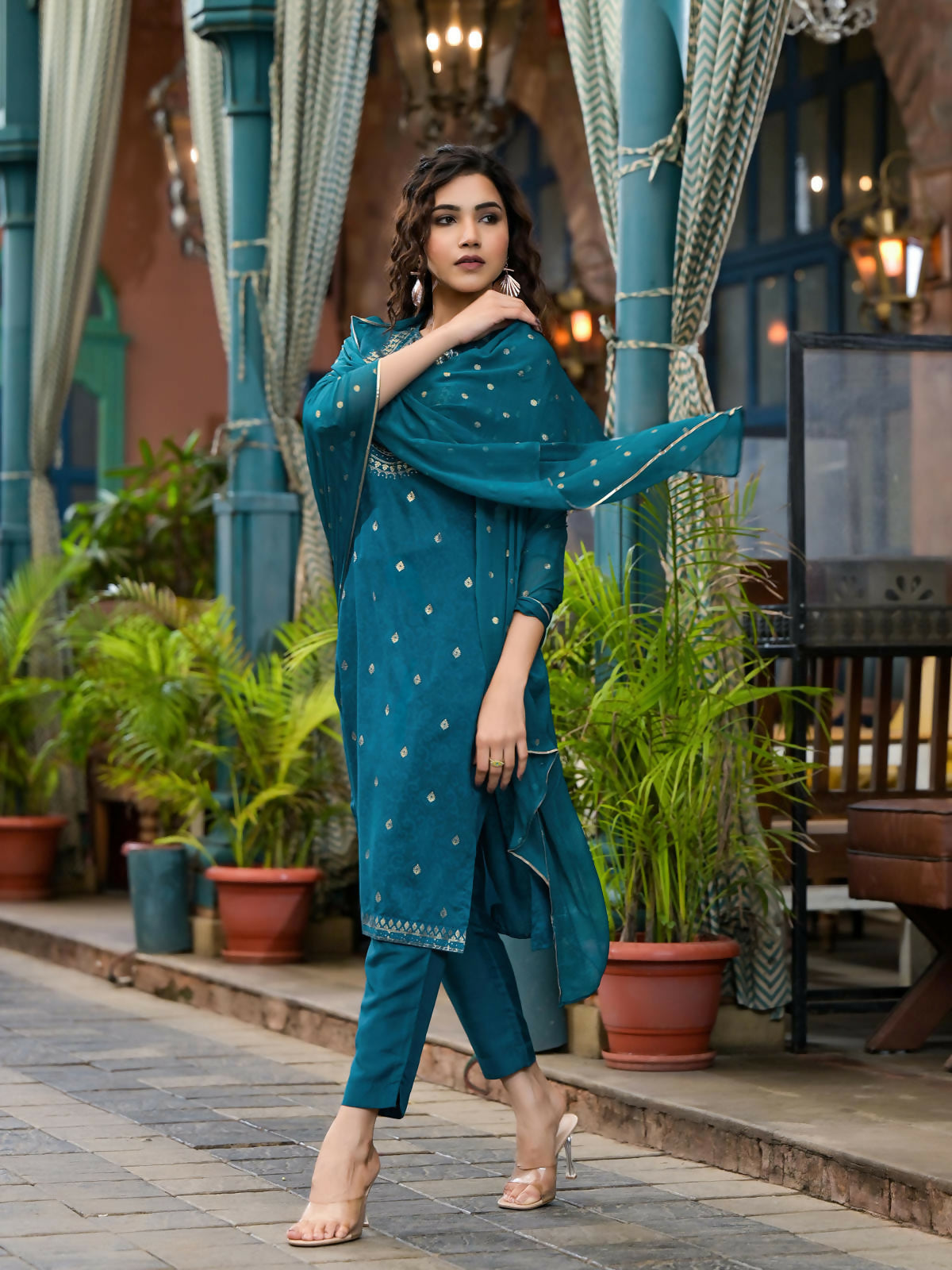 Juniper Women's Blue Ethnic Motif Printed Muslin Kurta Set With Zari Work & Gota Patti
