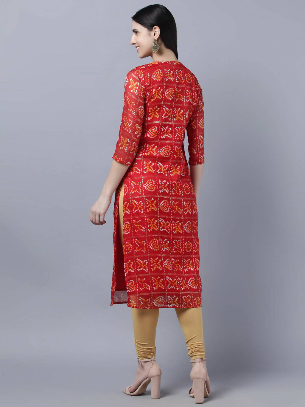 Myshka Women Red Yellow Bandhani Printed Mirror Work Kurta