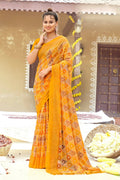 Mustard Chiffon Printed Ivory Print and Zari work Saree with Unstitched Blouse Piece - Shanaya