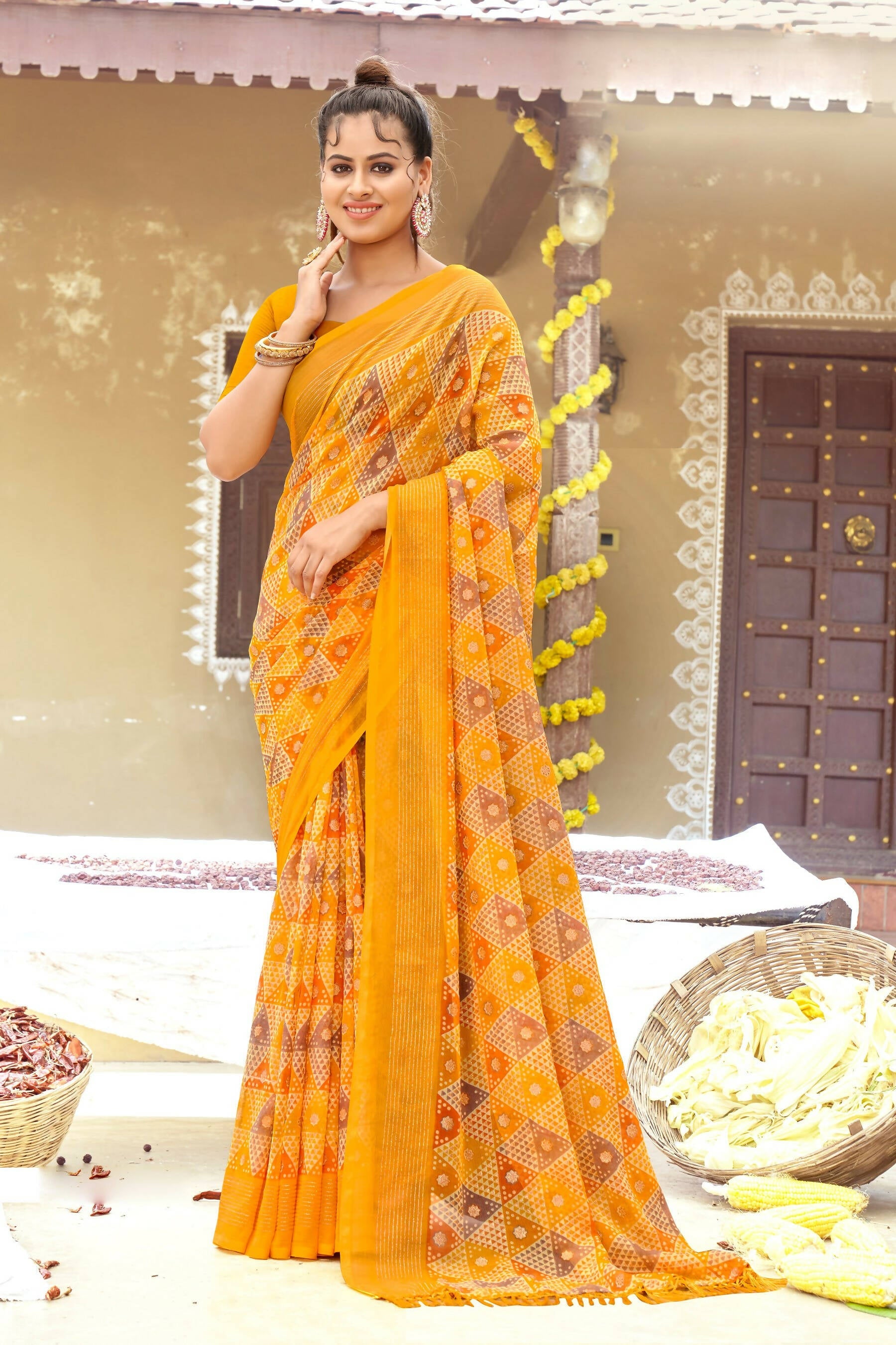 Mustard Chiffon Printed Ivory Print and Zari work Saree with Unstitched Blouse Piece - Shanaya