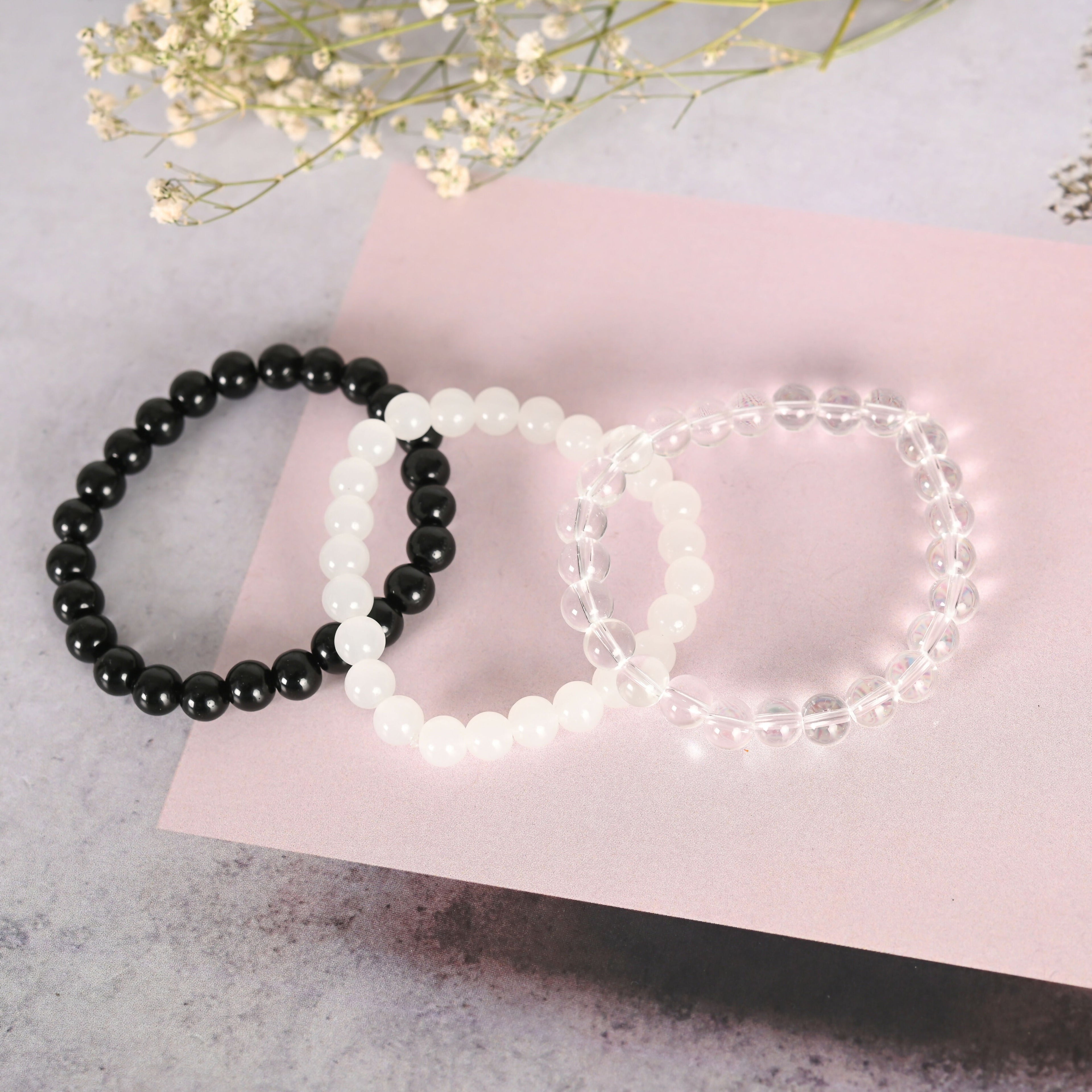 NVR Men & Women Transparent & White & Black Marbel Crystal Elasticated Bracelet
