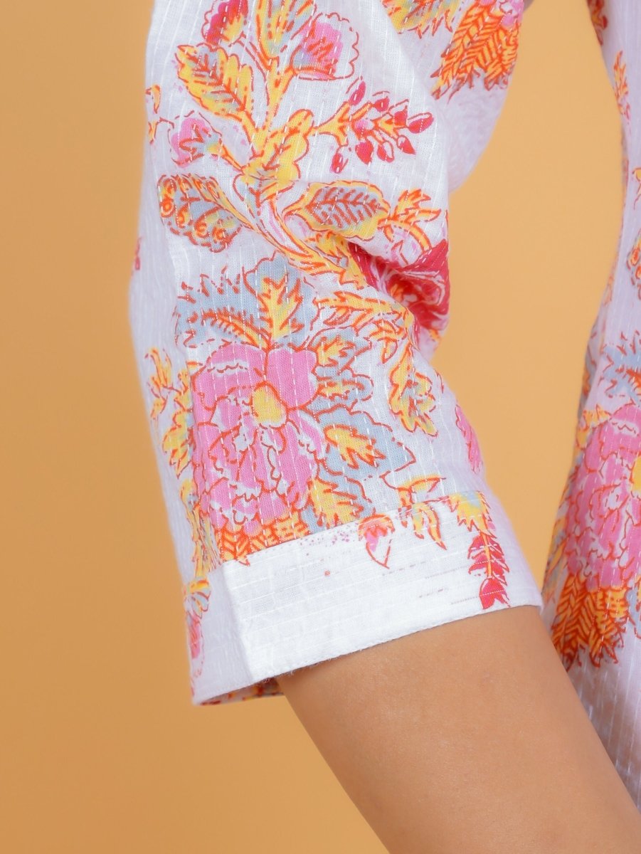 Aramya A-line Kantha Cotton Floral Print Women's Kurta - White