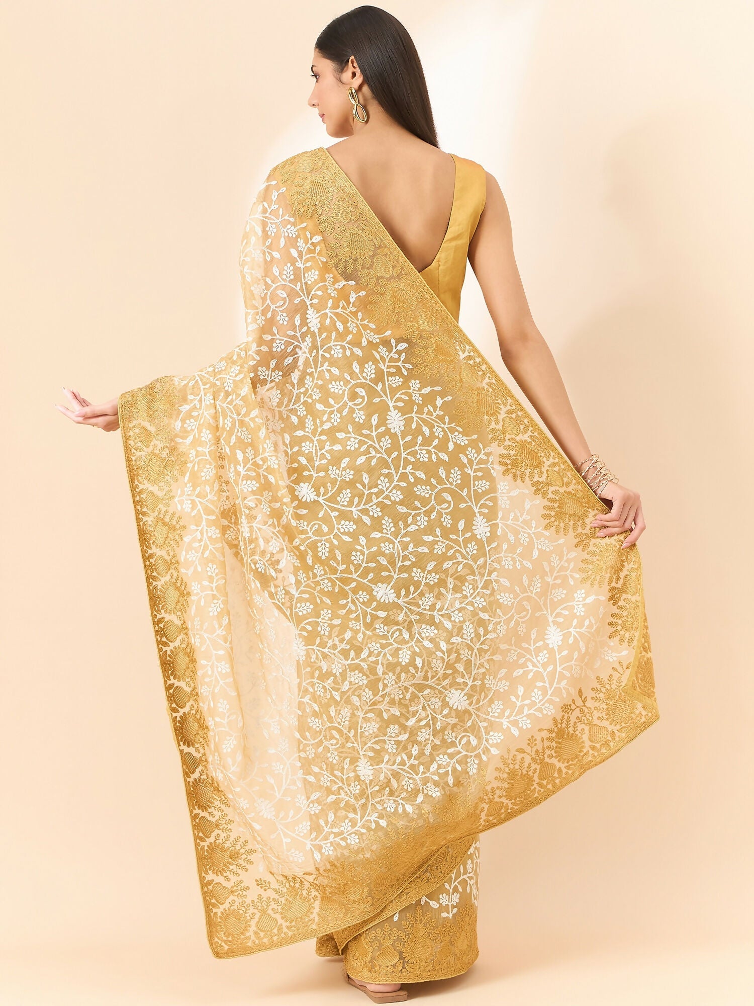 Beige Organza Floral Embroidered Saree with Unstitched Blouse Piece - Roozal