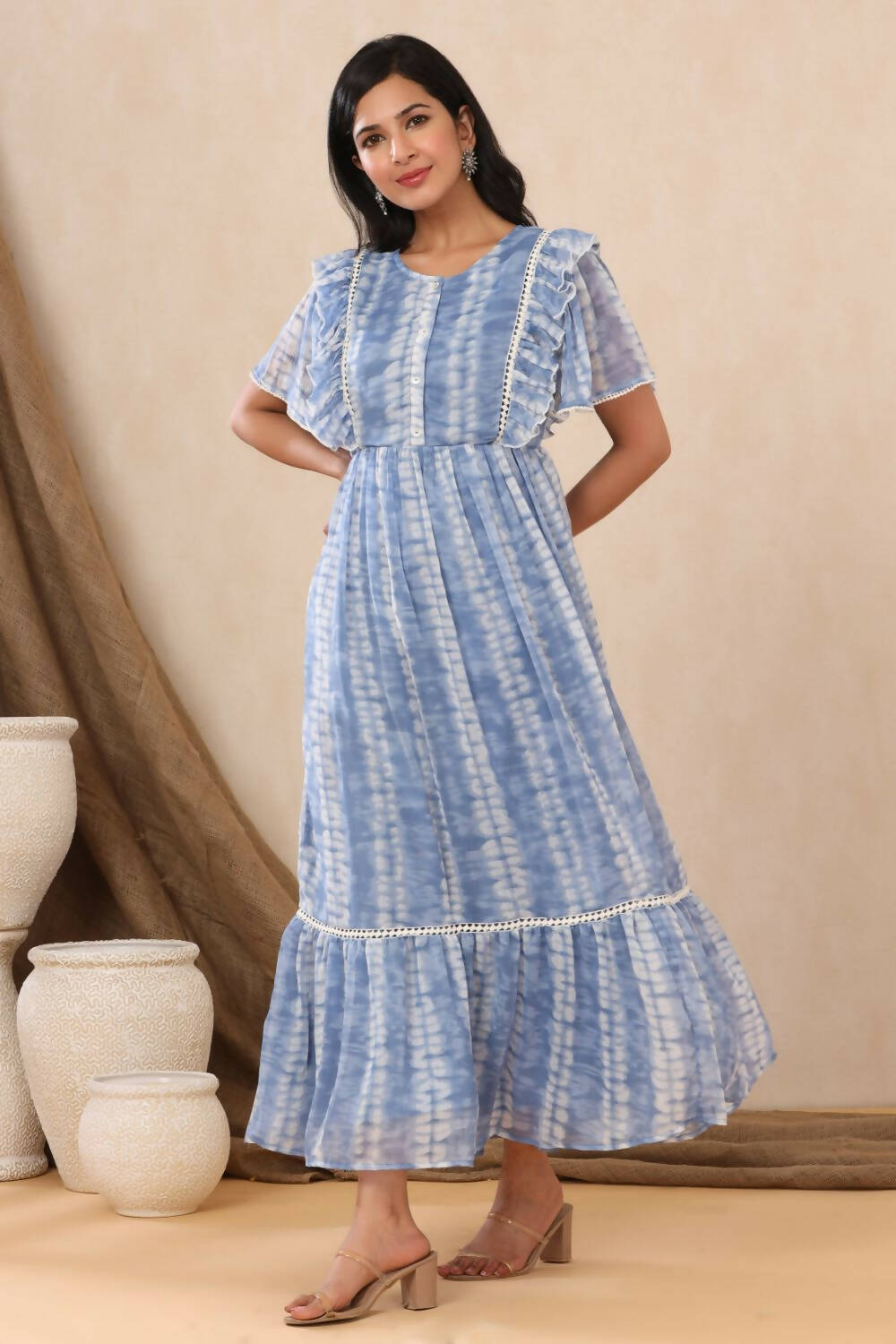 Juniper Womens Powderblue Chiffon Printed Tiered Dress