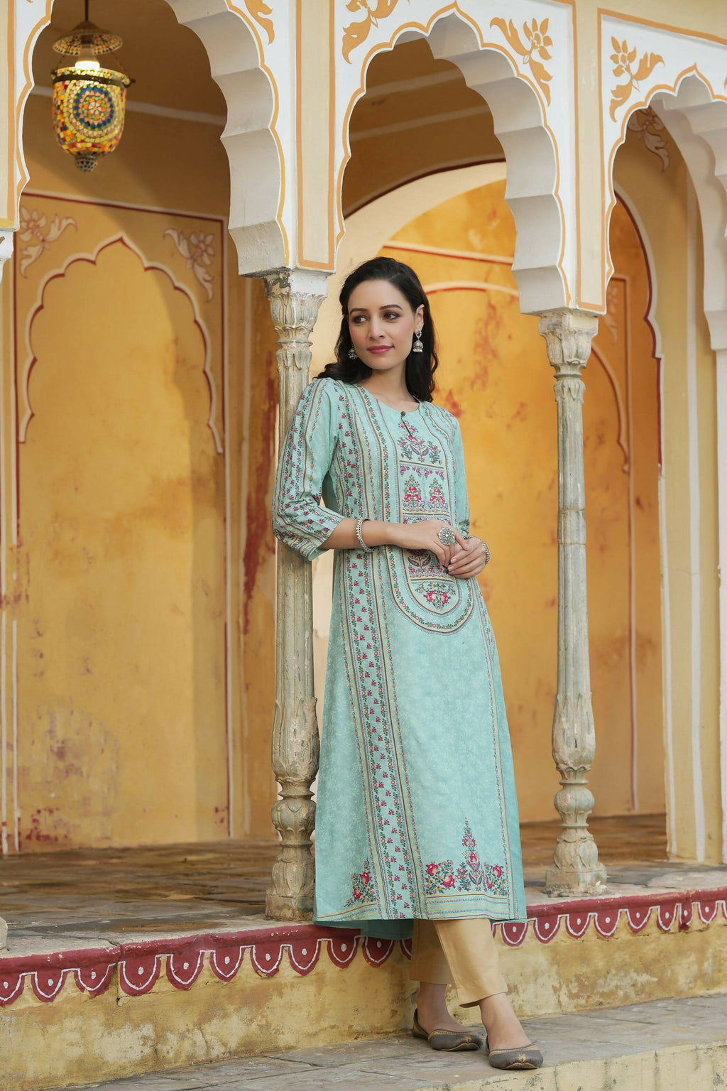 Juniper Women's Sky Blue Rayon Staple Printed A-Line Kurta