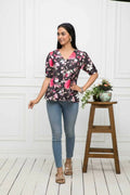 Myshka Women V-Neck Regular Sleeves Viscose Rayon Black Floral Top