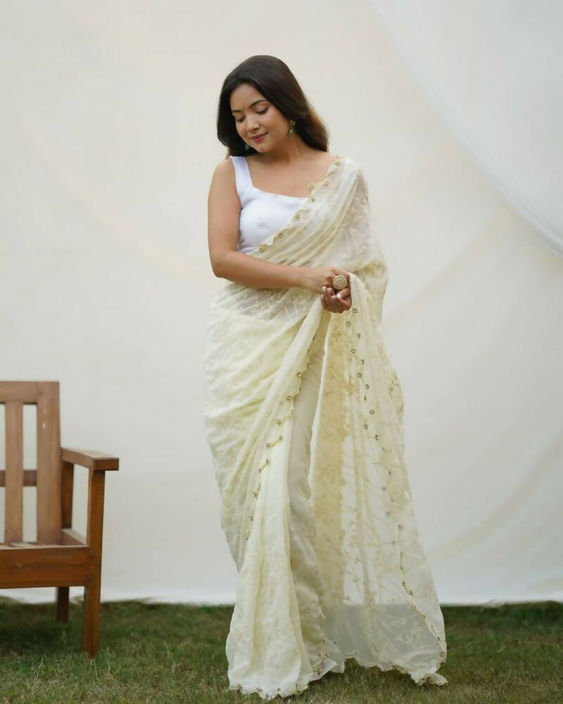 Vamsee Kimora White Georgette Saree