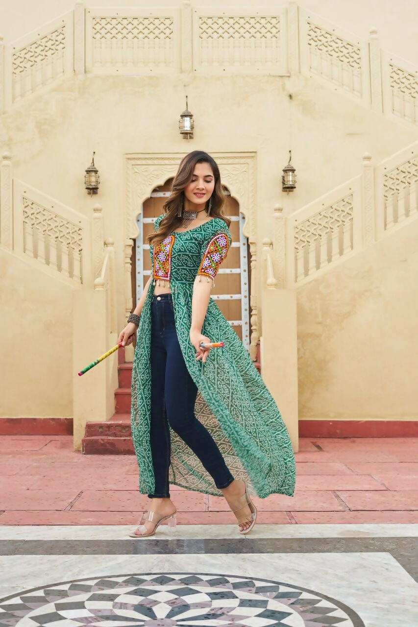 Vastranavya Green Navratri Special Kutchi Patch Work with Bandhani Printed Faux Georgette Kurti