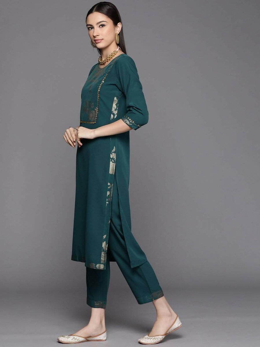 Ahalyaa Womens Dark Green Crepe Smoke Printed Kurta Pant Set With Dupatta