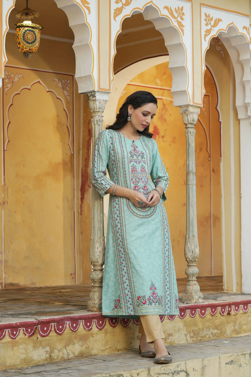 Juniper Women's Sky Blue Rayon Staple Printed A-Line Kurta