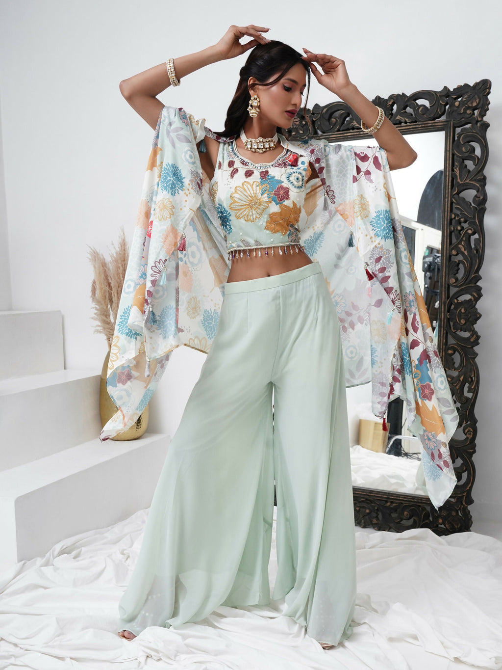 Sea Green Digital Chinon Handwork Top with Palazzo & Shrug - Naomika