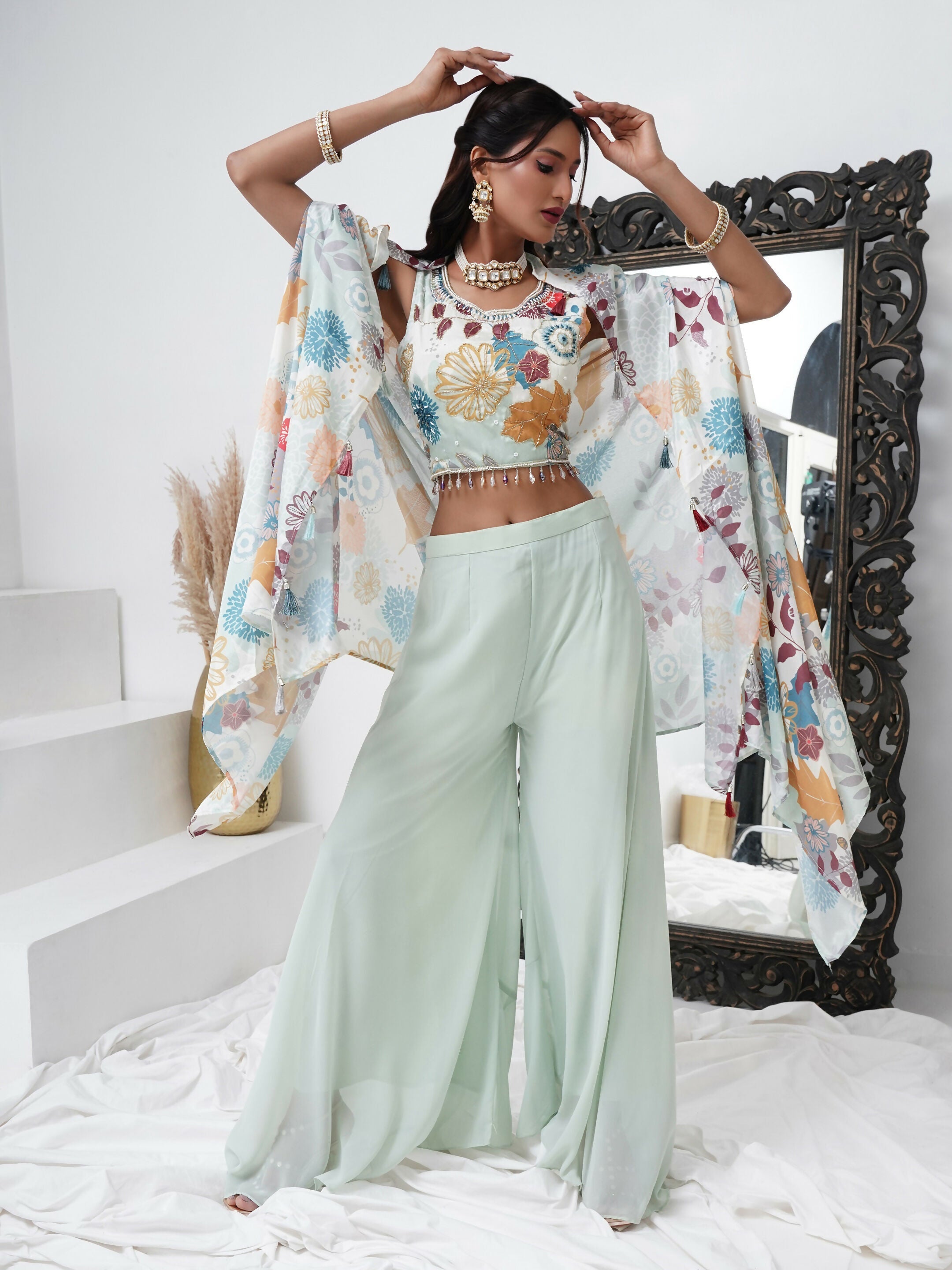 Sea Green Digital Chinon Handwork Top with Palazzo & Shrug - Naomika