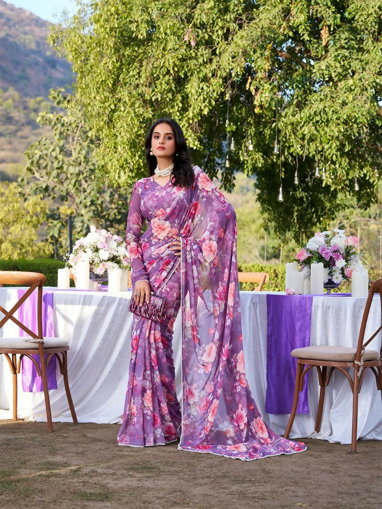 Vastranavya Onion Weightless Marble Printed & Pearl Lace Border Saree with Unstitched Blouse