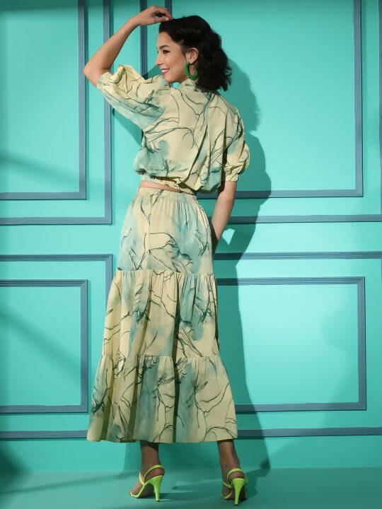Green Rayon Tie dye Printed Top with Matching Skirt - Shivani